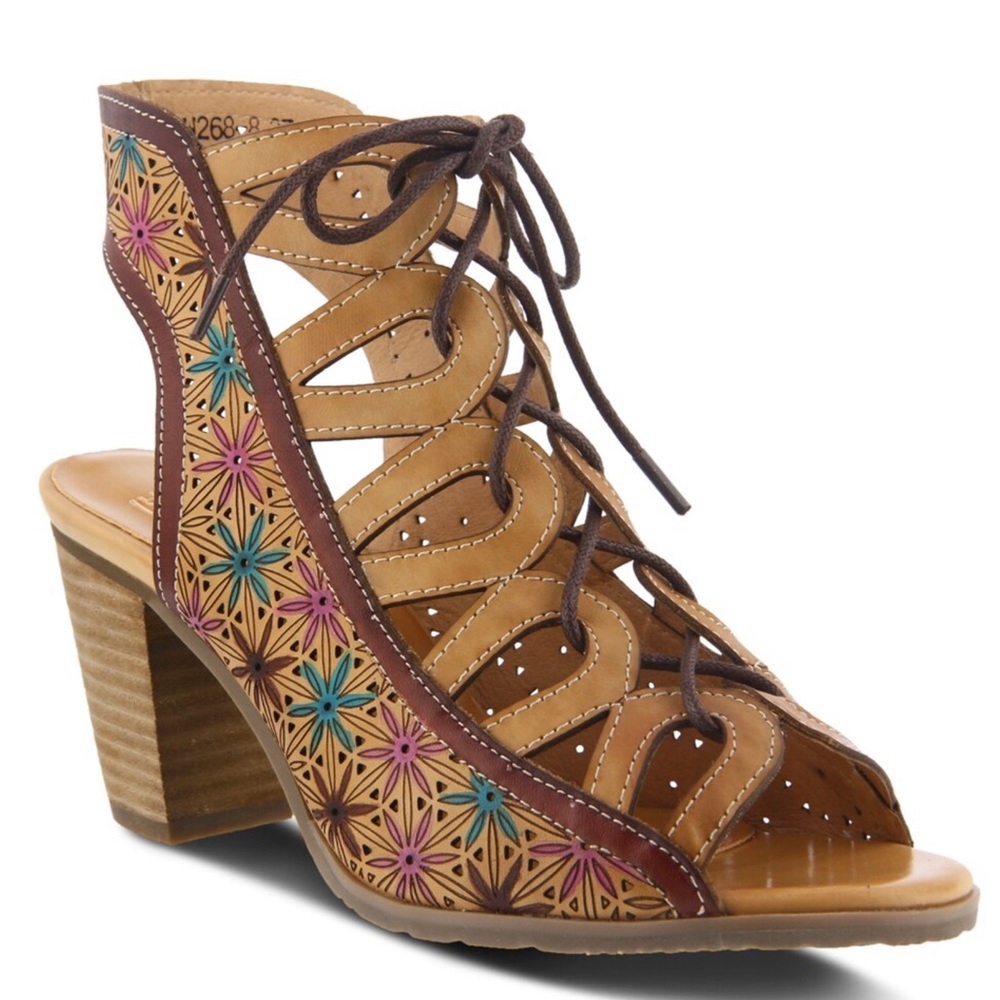 Spring Step L'Artiste Laure Beige Lace Up Floral Hand Painted Sandals 9 40